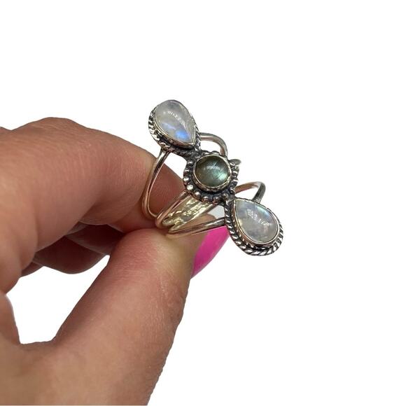 Rainbow Moonstone & Labradorite Ring Size 7.5 Solid 925 Sterling Silver - Picture 6 of 9